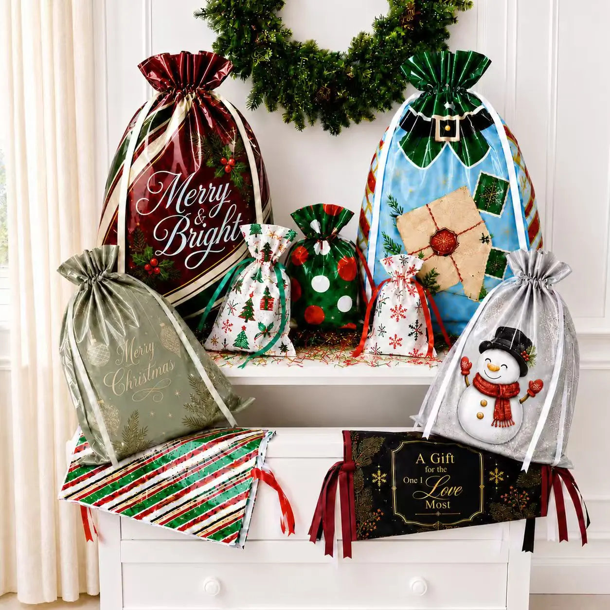 QZA 50PCS Christmas Gift Wrapping Set - 25 Festive Prints Party Favor Bags, 25 Tags, Multi-Size Drawstring Gift Pouch for Holiday Use, Goodie Bag Stuffer, Holiday Gifts