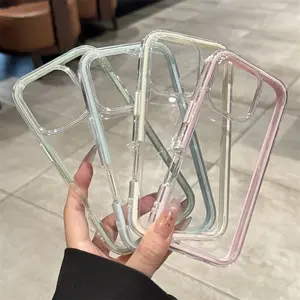 Colorful striped anti-fall frame PC transparent mobile  , suitable for iPhone16Promax, iPhone15 mobile   iPhone14 13 12 mobile   protective tpu liquid silicone soft   Cute Pink Phone Case iphone17 pro