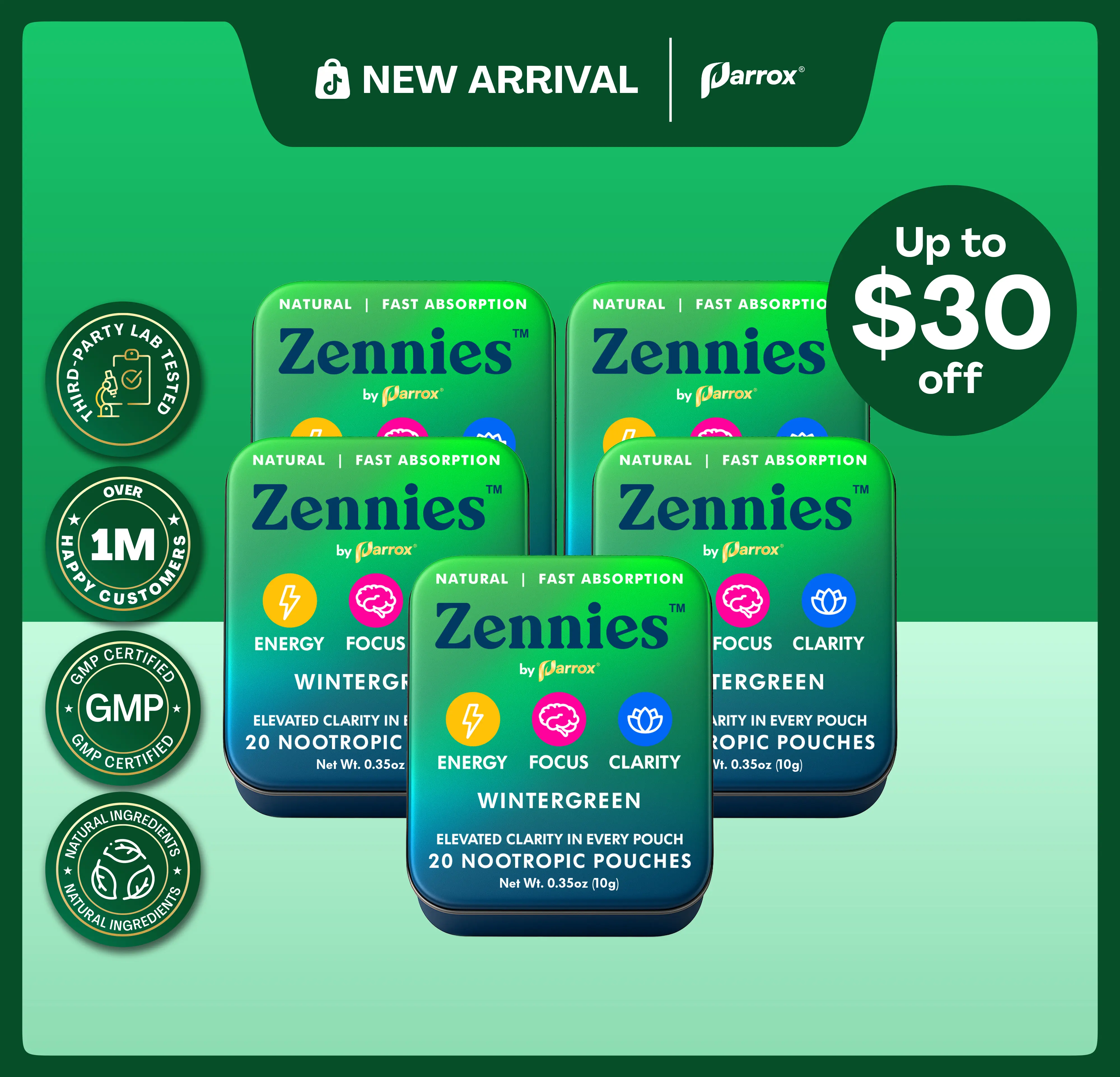 Zennies by Parrox - Caffeine Nootropic Pouches (Wintergreen Flavor) - No Nicotine, No Sugar, & All Natural - Fast Absorption for Energy, Focus, & Clarity - (20 Pouches)