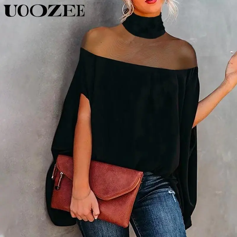 UOOZEE Women's Chic High Neck Blouse, Comfortable Minimalist Check Knit Top with See-Through Batwing Sleeves, Casual, Everyday, Shirts, Loose Fit, Elegant, Cape Sleeve, Bat Wing Style Blouses & Shirts, Size Down, Lady, Basic, Long Sleeve