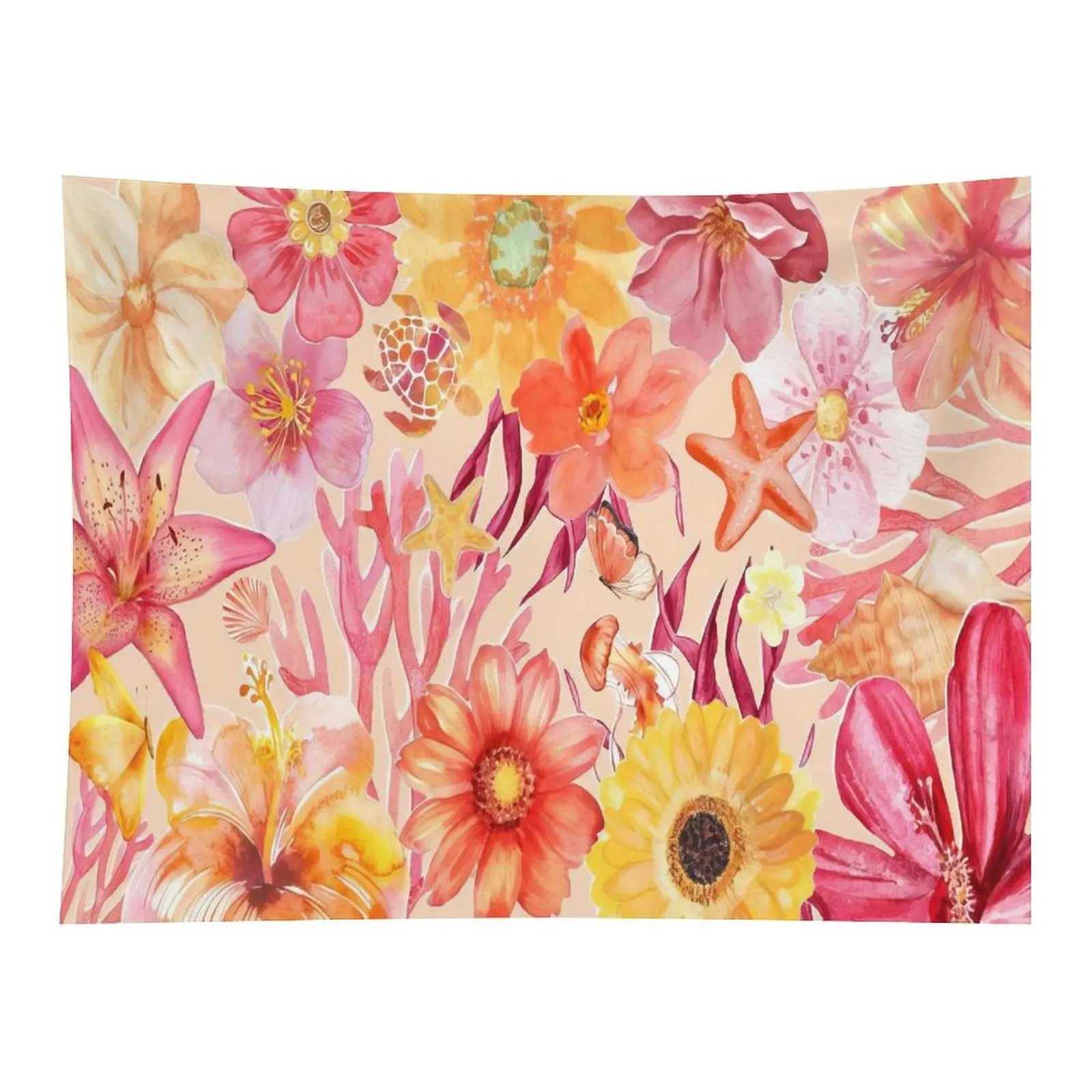 Tropical Watercolor Floral Tapestry, Home Wall Decor with Sea Elements - Starfish, Coral, Conch, Butterfly - for Room Decoration