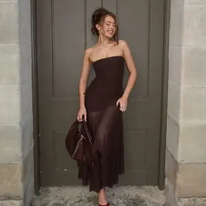 LikeMyChoive Chocolate Brown Strapless Ruched Sheer Mesh Maxi Dress | Elegant Evening Gown with Asymmetrical Skirt & Solid Lining - Formal, Fabric long formaldresses