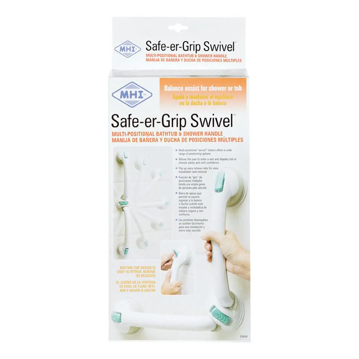 MHI 12 in Multi-Positional Tub and Shower Handle, Modern White Plastic Support Bar with Rotatable Grip Heads for Bathroom Safety & Toddlers, Press Tab Levers to Securely Attach, 1.6 lbs, Swivel, Shower Wall, Toddlers Safe