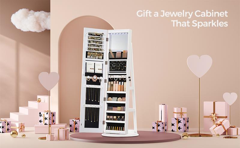 SONGMICS LEDs Lockable Jewelry Mirror Cabinet,Standing Jewelry Armoire,, Frameless Full-Length Mirror, 3 Storage Shelves Christmas Gifts Decor