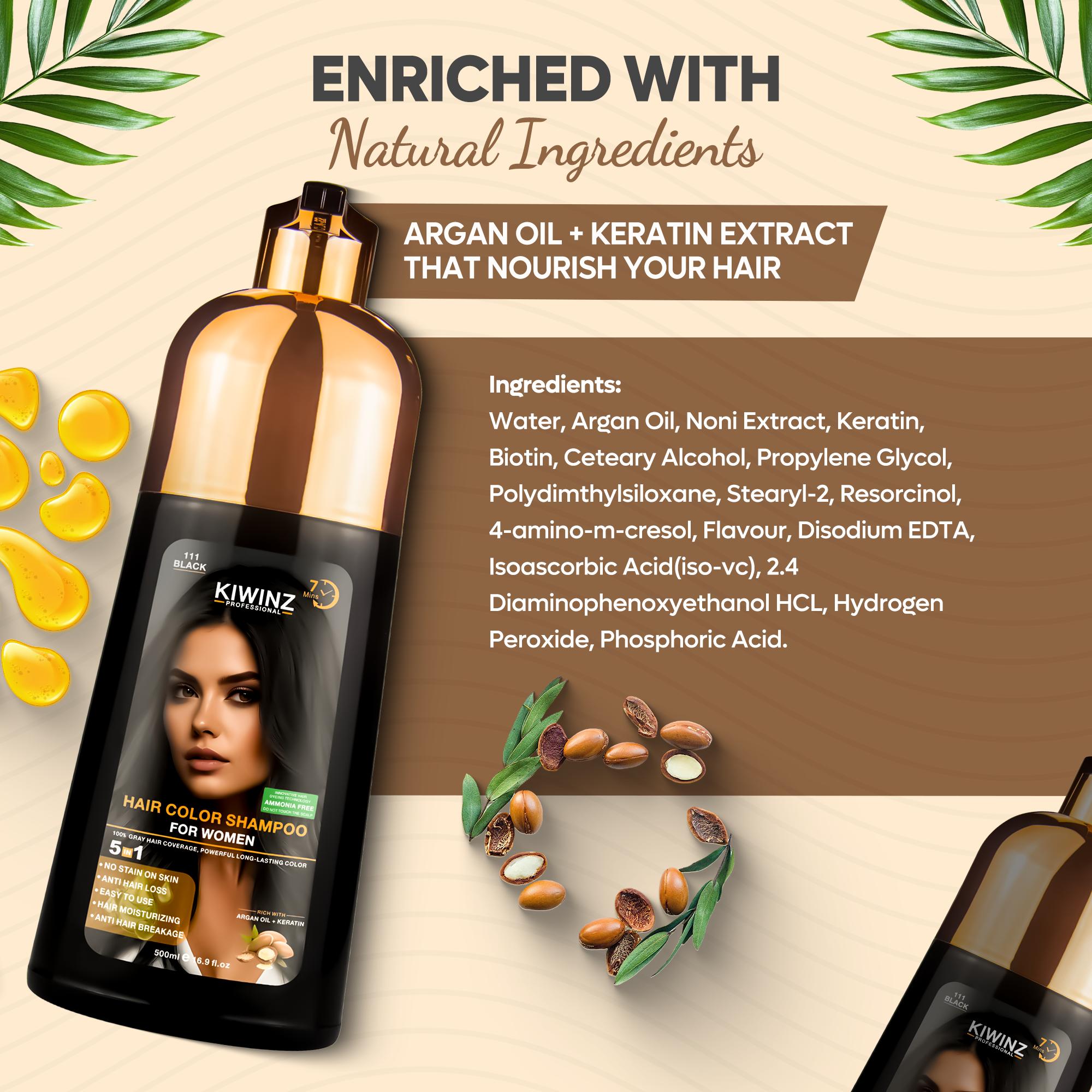 KIWINZ Professional 5-in-1 Women's Hair Dye Shampoo - Black Dry, Argan Oil & Keratin, No Stain, Anti-Hair Loss, Moisturizing, Breakage Repair, 500ml KIWINZ Professional 5-in-1 Women's Hair Dye Shampoo - Black Dry, Argan Oil & Keratin, No Stain, Anti-Hair Loss, Moisturizing, Breakage Repair, 500ml