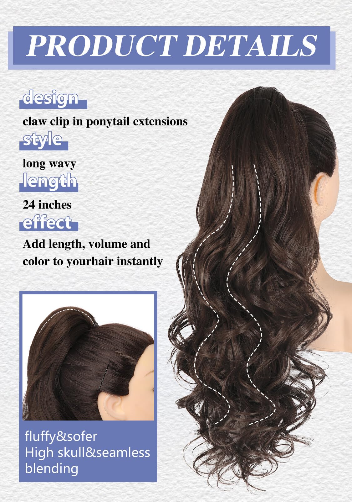 Kookastyle 24" Curly Wavy Ponytail Extension with Claw Clip Long Hairpiece for Women Natural Looking Jaw Clip on Ponytails