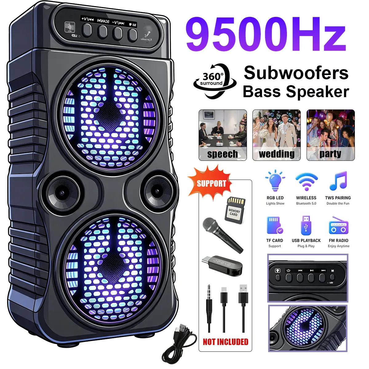 9500Hz Sound Bars for Smart Tvs, Dual Wireless TV Soundbar Speakers, with TF/AUX/FM/USB/TWS, Surround Sound System, Crisp Sound And Easy Setup, Soundbar for TV, PC, Projector, Perfect for Thanksgiving Party, Microphone Connectable, Recommended