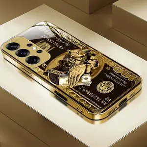 Cool and Creative Gold Dollar Bill Design Electroplated Glass Phone Case,for iPhone 17 Pro Max Phone Case 17 Air 16E 16 Pro Max 15 Pro Max 15 Plus 14 Plus 13 12 11 Phone Cases,Samsung Galaxy S25 Ultra S22 S23 FE S24 Plus A14 A15 A16 A35 A36 A54 A56 Note