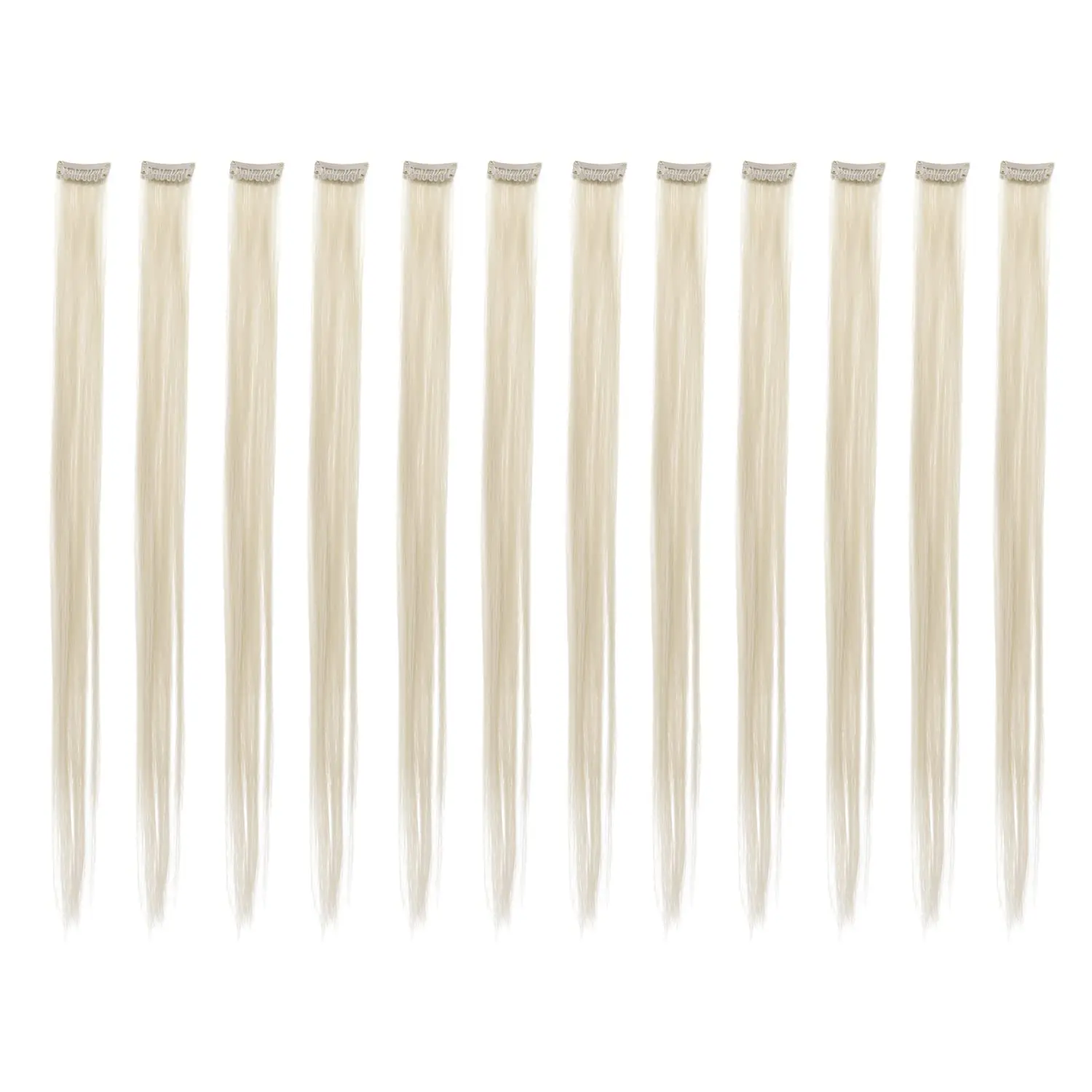 12 Pcs Straight One Color Party Highlights Clip on in Hair Extensions Colored Hair Streak Synthetic Hairpieces (Platinum Blonde)