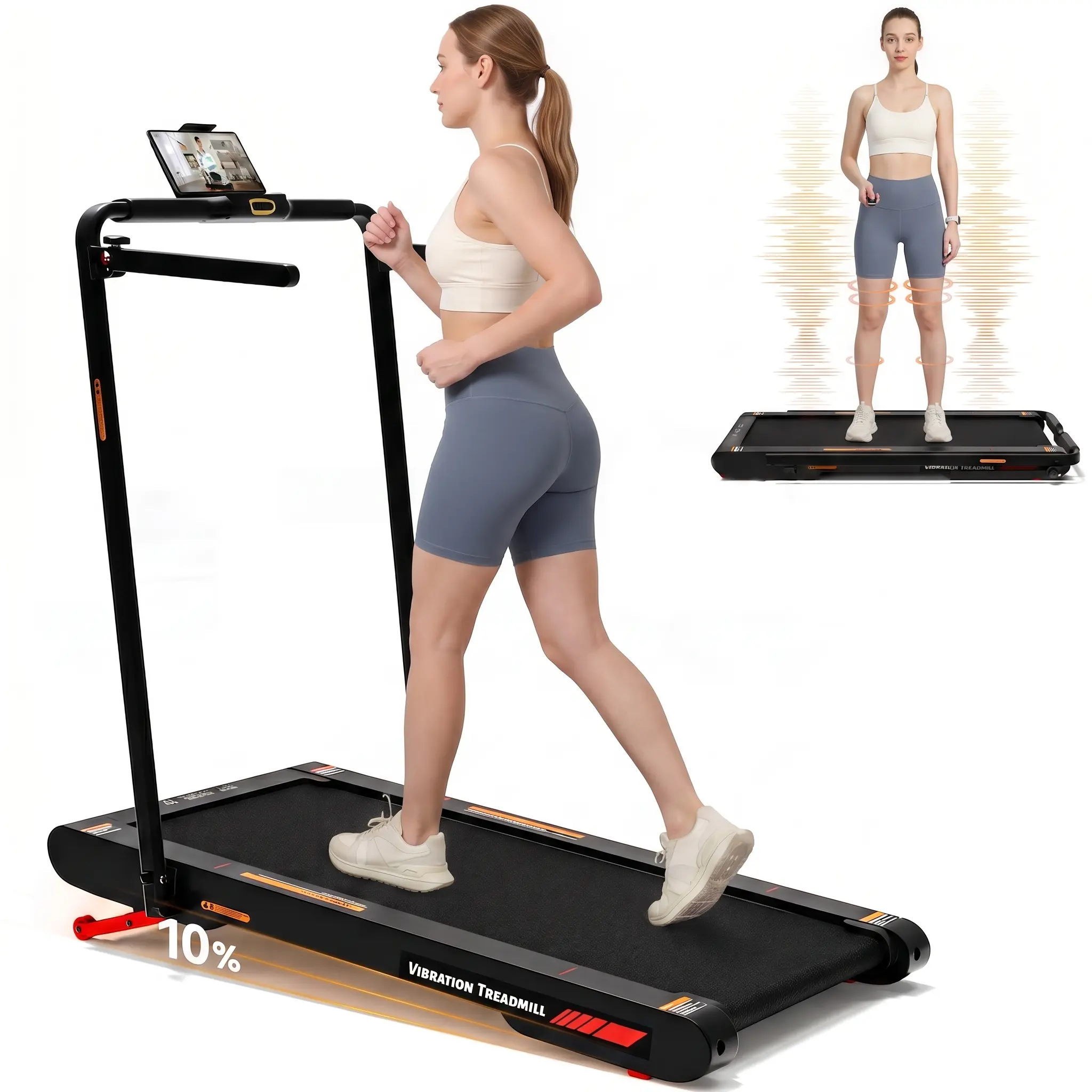 Foldable Handrail Walkpad Treadmill, 5-in-1 Compact Exercise Machine, Manual & Auto Incline, Portable Home Gym Equipment for Walking, Jogging, Vibration