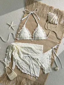 VYNCE Swim Mod 3pcs/Set Solid Floral Textured Fabric Pearl Shell Decor Frill Trim Halter Triangle Bikini Top, Side Tie Bottoms And Mini Skirt Sexy Swimsuit Set, Spring/Summer Beach Skirt Set Crochet Bathing Suit Beach Two Pieces Set