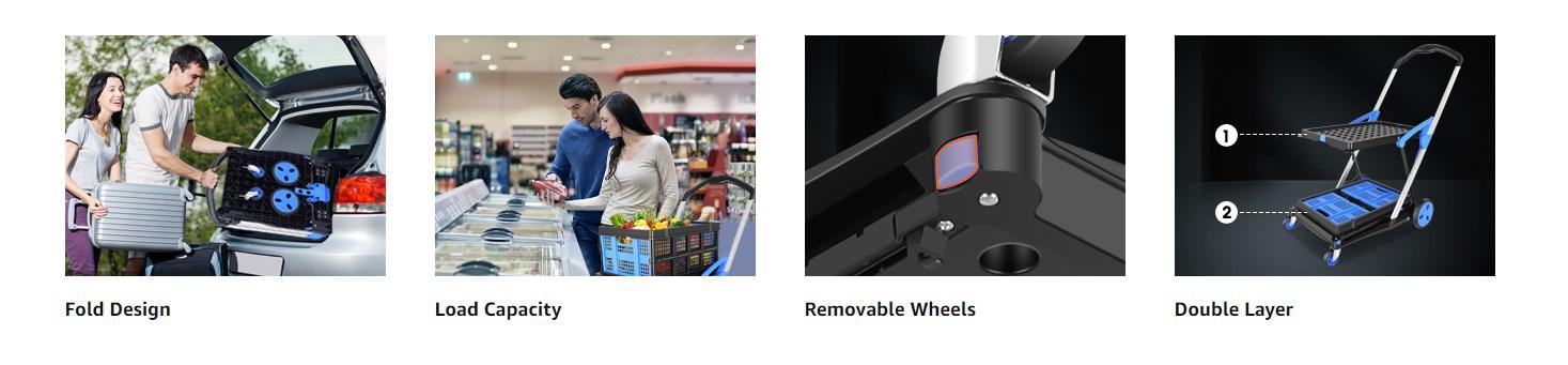 Collapsible Shopping Cart - 2-Tier Multi-Use Functional Portable Folding Food Cart with Wheels & Removable Basket Carries,2 baskets included, Adjustable Foldable rolling trolley for home, grocery, supermarket. Lightweight, BlackFriday