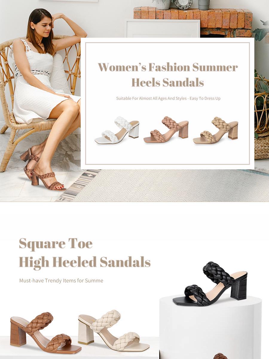 Athlefit Women's Braided Heeled Sandals Strappy Square Open Toe Heels Backless Mules Slip On Block Heels Footwear Walking Shoes Girl Summer