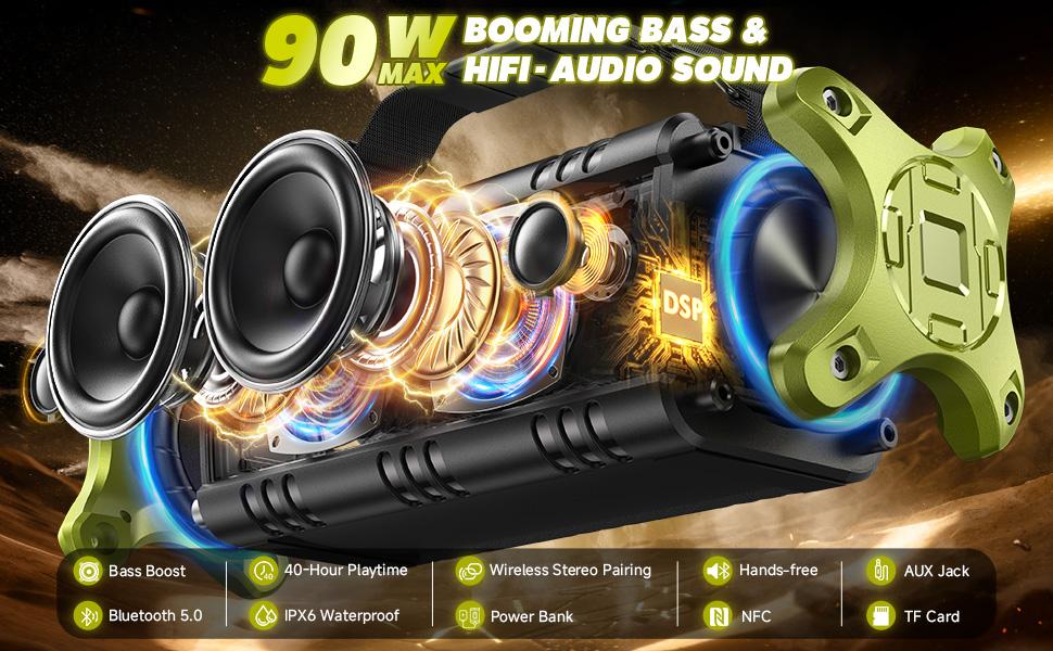 W-KING D8 Bluetooth Speaker 90W Peak Power 50W Deep Bass 2 Subwoofers IPX6 Waterproof EQ TF AUX NFC for Pool Party Travel Smart Audio Speaker Green
