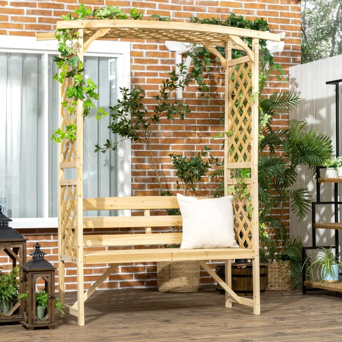 212 Main 84G-002V00ND Outsunny Natural Wooden Outdoor Bench, Climber Support for Vines, Outdoor Seating for Garden Patio, Natural Look