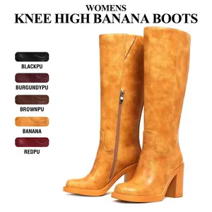Womens Knee High Boot Chunky Block Heels Banana Boots Square Toe Fashionable Side Zipper Comfy Party Office Outing Clubbing Spring Western Tall Boots Deals For You Days
