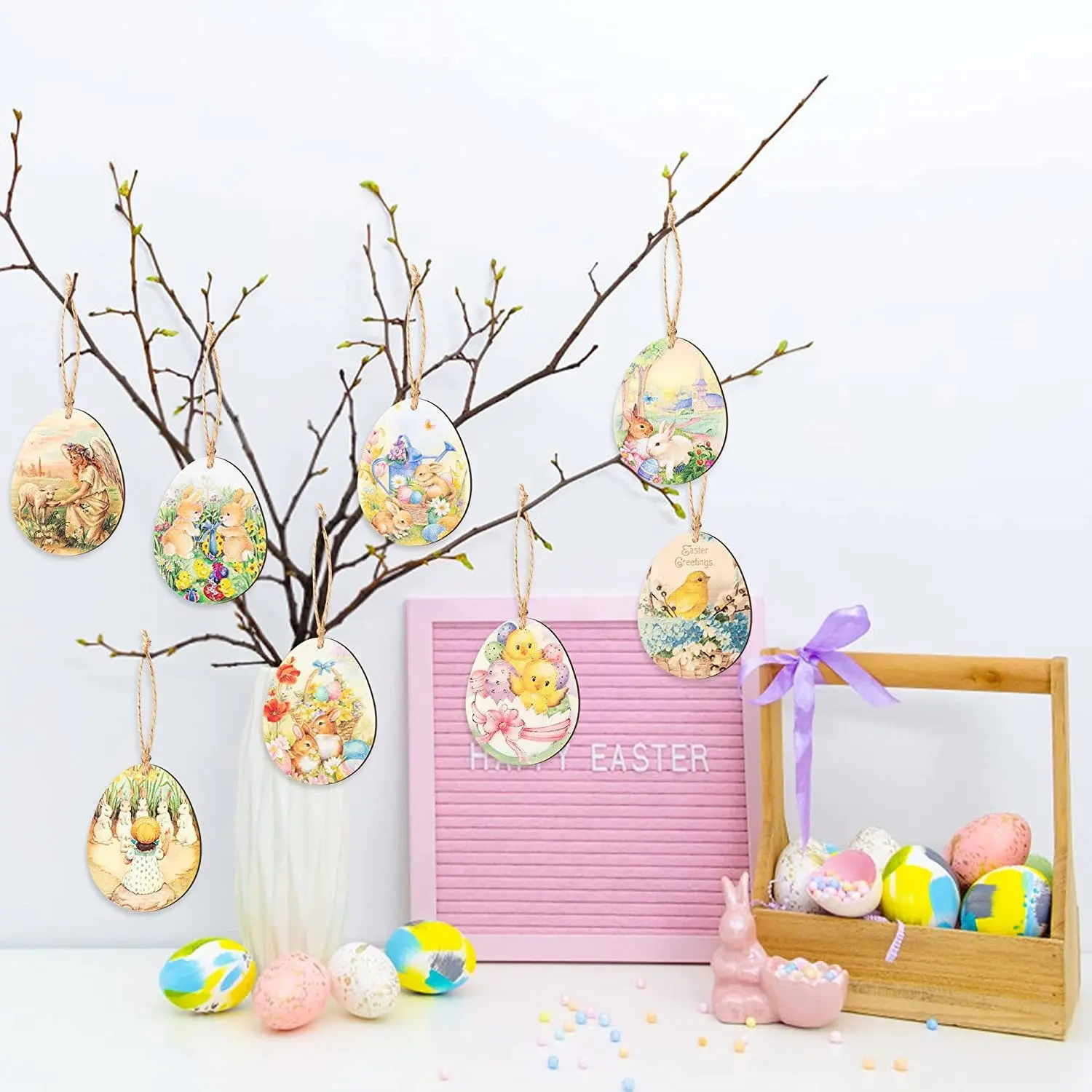 Wooden Easter Egg Hanging Ornaments Vintage Rustic Decorations Hemp Ropes for Easter Tree Home Decor Classroom Party Supplies