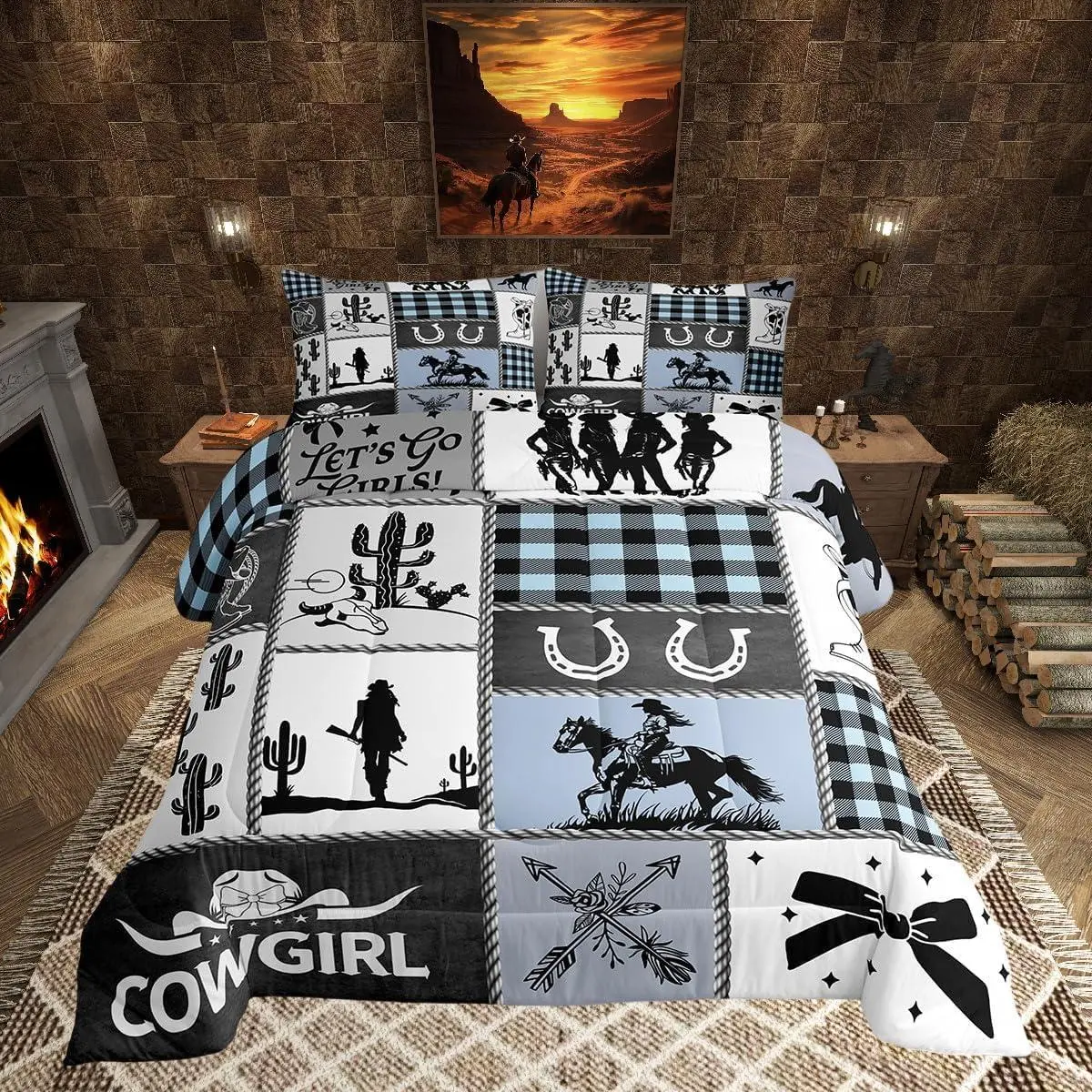 Feelyou Multi-Size Western Bedding Comforter Set - Cactus-Horseshoe-Cow Skull-Bow-Cow Boot-Geometric Plaid Design, Blue Rustic Duvet Insert with Pillowcases, Women's Room Decor, Set Includes Travel-Friendly Features