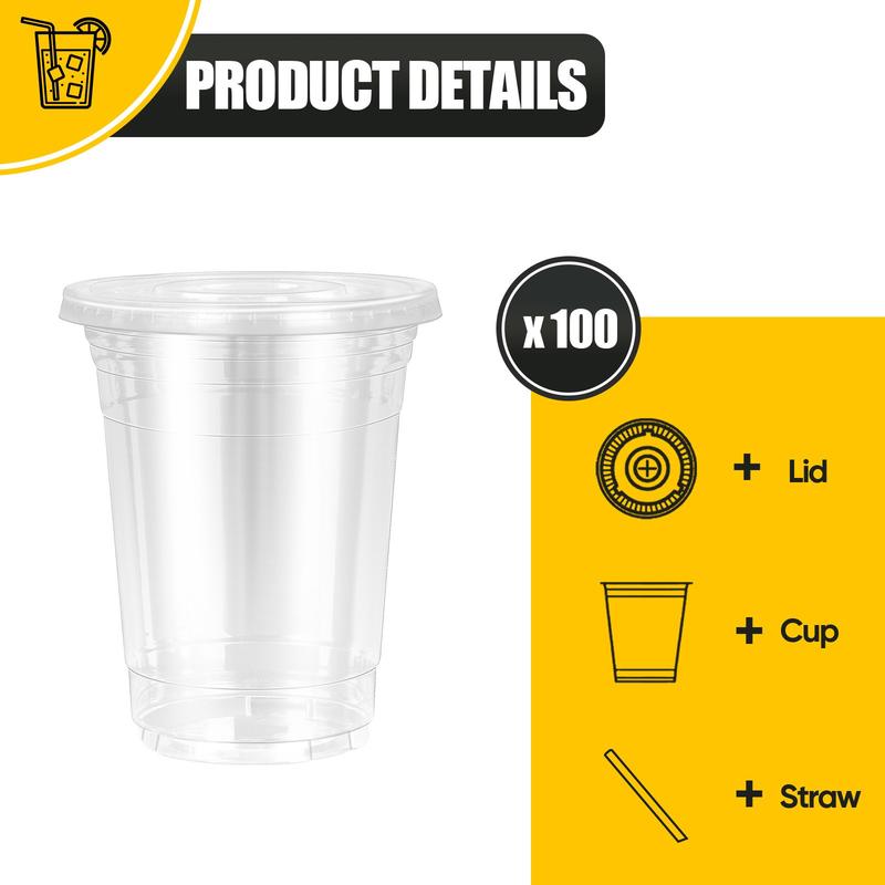 100-Pack Disposable Cold Drink Cups with Lids and Straws Transparent Plastic Cups 12oz to 24oz Sturdy BPA-Free for Parties Picnics Barbecues and Travel