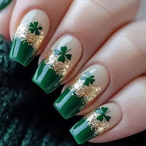 St Patrick’s Day Press On Nails, Green Gold Glitter Shamrock Nails, Luxury Festival Nail Set, Festival Party Nail Art, Green Nails