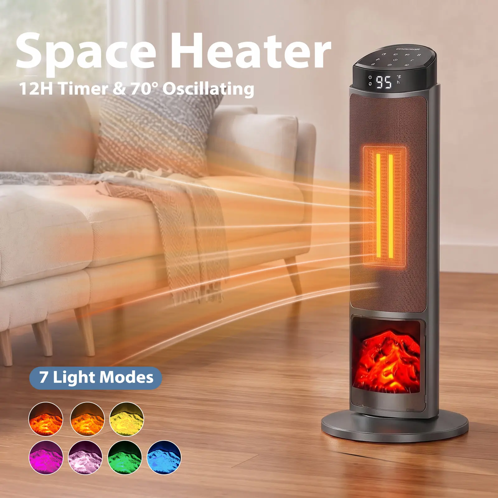 Sweetcrispy Electric Space Heater-1500W Ceramic Tower Heater with Flame Effect, 70° Oscillating, Remote Control, 12H Timer, 7 Color Lights for Bedroom Living Room Office