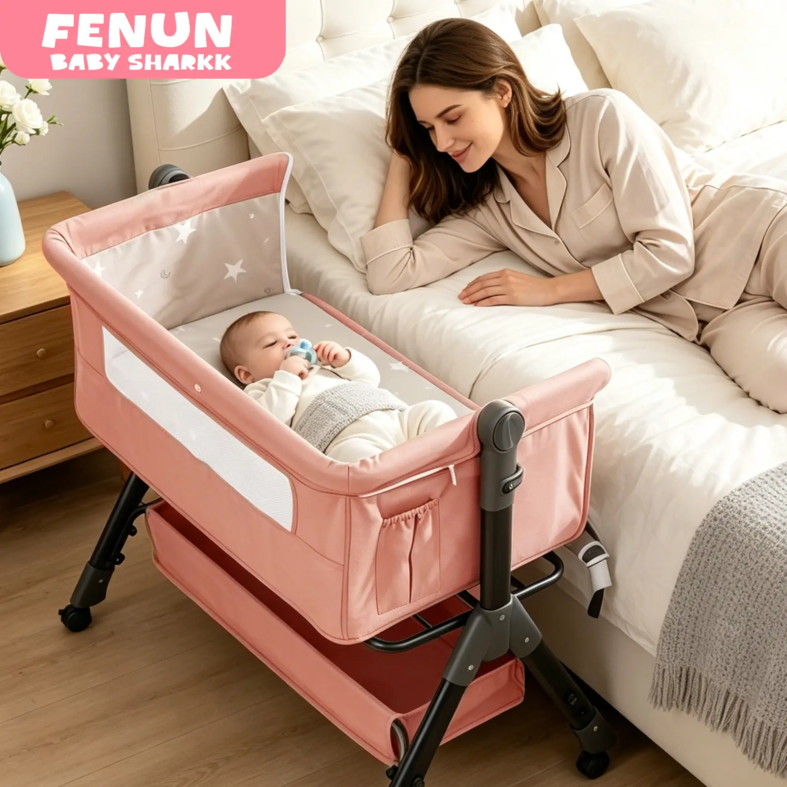 Baby Bassinet Crib, Crib for Infant&Newborn, Bedside Sleeper with Storage Basket and Mosquito Net, Easy to Fold, Height Adjustable, Portable Side Bed Crib