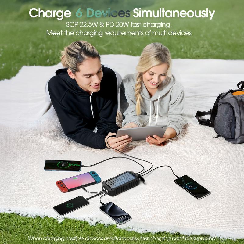 Bodo-Tech 40000mAh Solar Charger Hand Crank Power Bank with 4 Cables Fast PD20W Charging LED Flashlight for iPhone Android Samsung Orange Black