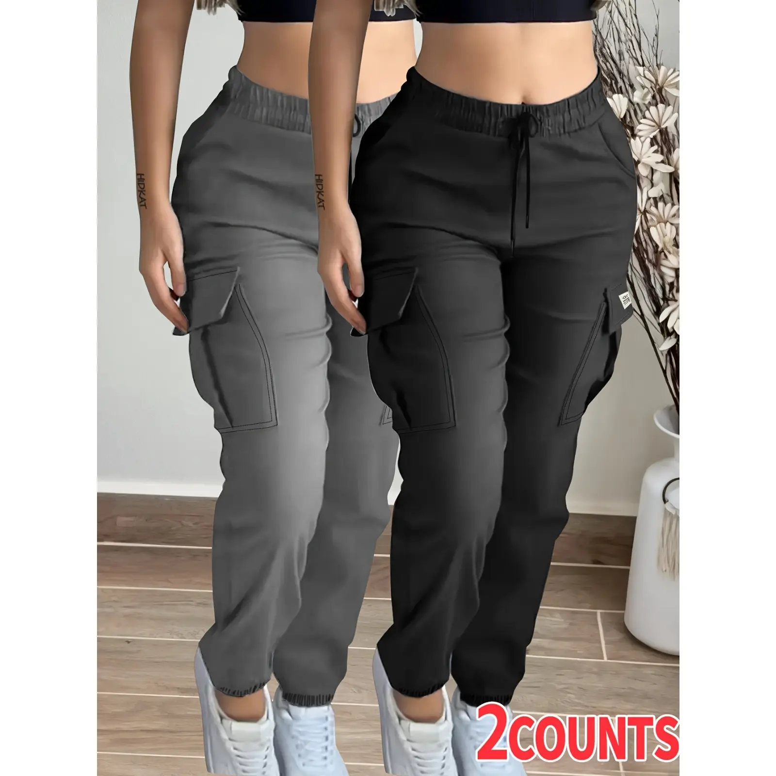 2-Pack Women's Casual Cuffed Work Pants,Lightweight for Spring and Fall,Elastic Waistband with Drawstring,Pockets—Perfect for Everyday Casual and Outdoor Wear