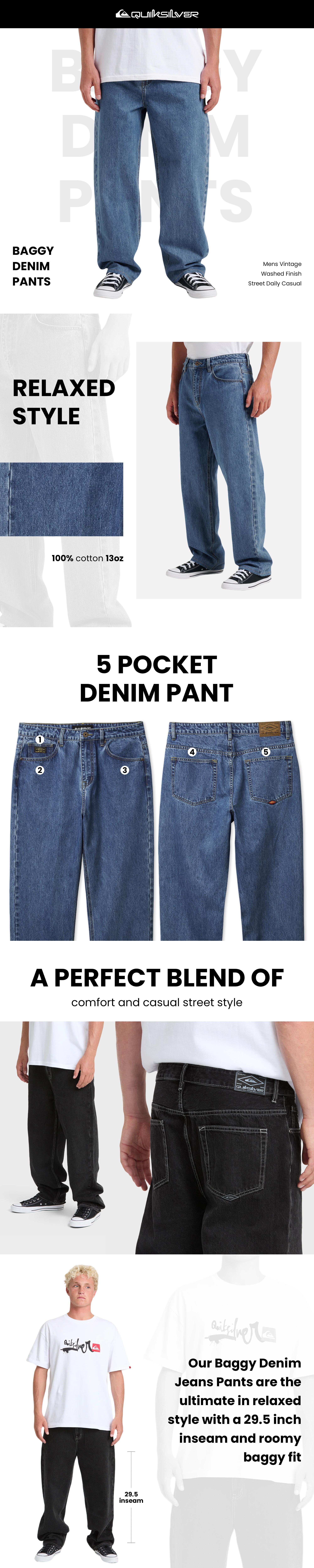 Quiksilver | Baggy Denim Pants | 13oz 100% Cotton Denim Jeans | 29.5 inseam | Mens Vintage Washed Finish Street Daily Casual