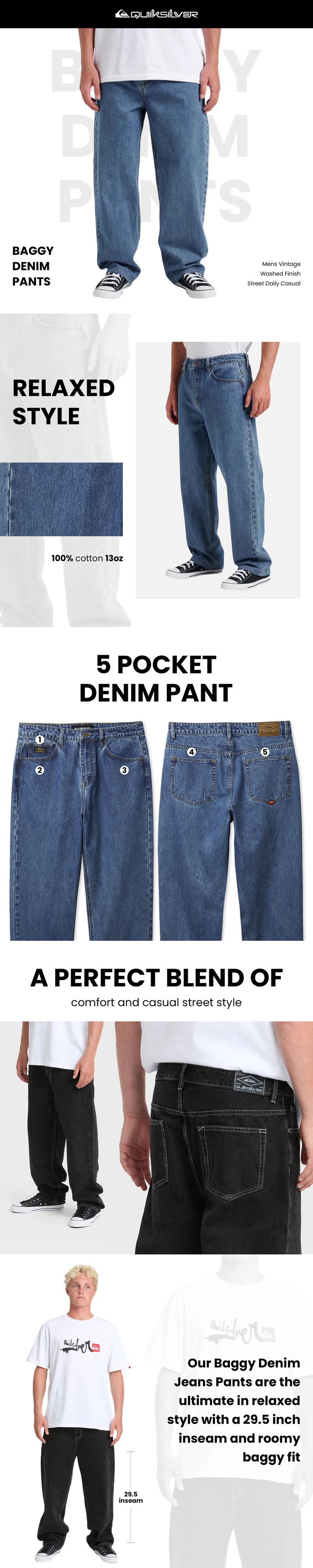 Quiksilver | Baggy Denim Pants | 13oz 100% Cotton Denim Jeans | 29.5 inseam | Mens Vintage Washed Finish Street Daily Casual