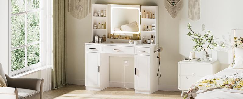 Vanity Desk with Mirror and Lights 45.3“W Makeup Desk with Drawers and Cabinet Vanity Table with Led Light Big Makeup Table with Charging Station Dressing Table with Glass Top for Bedroom White Vanity Desk with Mirror and Lights 45.3“W Makeup Desk with Drawers and Cabinet Vanity Table with Led Light Big Makeup Table with Charging Station Dressing Table with Glass Top for Bedroom White