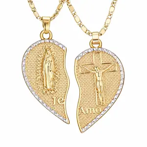 Virgin Mary Heart Necklace, Double Chain Combination Prayer Pendant for Women & Men, TE AMO Inscribed Couple Necklace, Religious Symbolism, Elegant Dual Heart Design, 45cm Chain Length