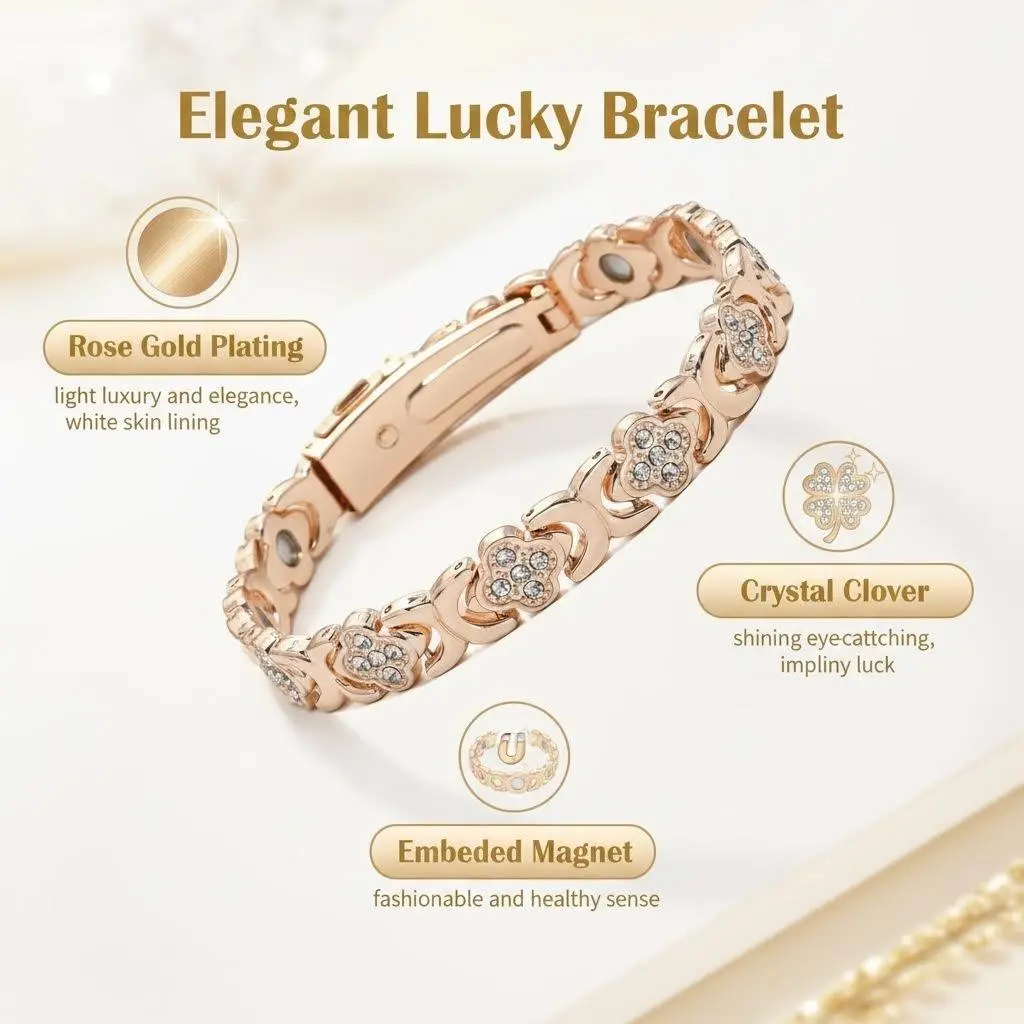 Mother’s Day Gift Rose Gold Magnetic Bracelet for Women – Elegant Crystal Jewelry with Diamonds Embellished Adjustable Design Eco-Friendly Alloy Trendy Jewelry 2026