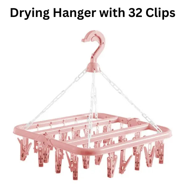 Plastic Multifunctional Clothes Drying Hanger Rack with 32 Clips - Drip Tray, Adjustable Hooks, Foldable, Lightweight, Compact, Space-Saving, Universal Household Organizer for Baby Clothes, Socks, With Clip, Neutral