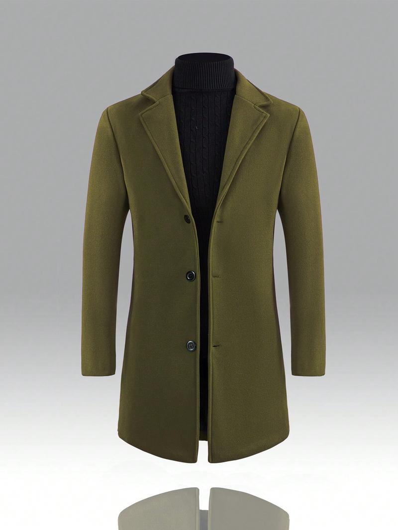 KZZ Men's Solid Button Front Lapel Neck Midi Coat, Regular Fit Casual Long Sleeve Outerwear for Fall & Winter, Men's Clothes for Daily Wear Christmas gifts christmas gifts for him Beige Khaki jackets