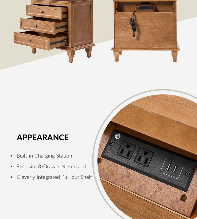 Hulala Lionel 3 Drawer End Table with Built-In Outlets, Charging Station, Pull-Out Shelf, Sturdy Wood Legs, Organized Storage, Farmhouse Style Bedroom Cabinet, Bedside Table, Nightstand
