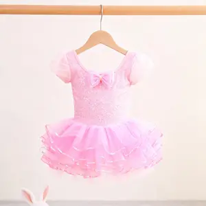 Girls Sparkly Sequin Tutu Dress Ballet  Puff Sleeve & Glitter Ruffle Party Dress