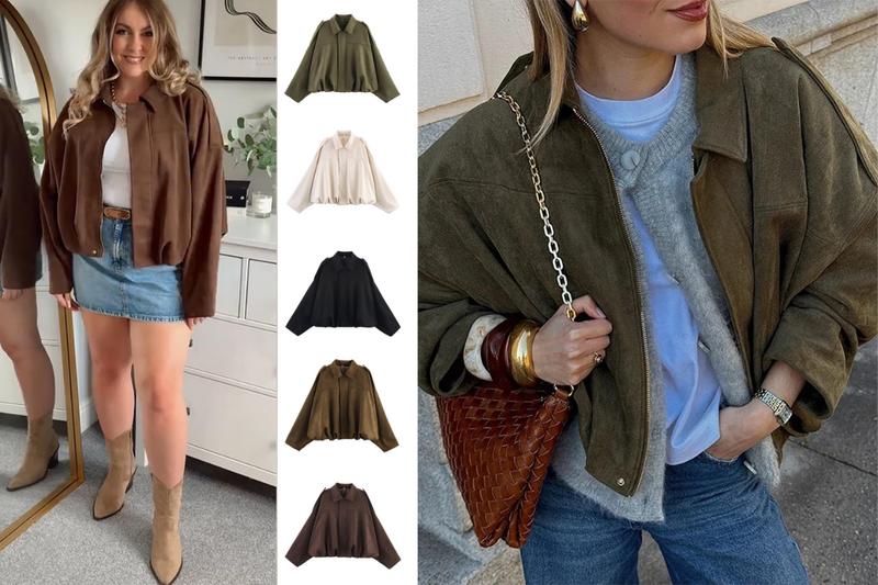 Kingapril Women's Oversized Faux Suede Bomber Jackets Streetwear Outerwear - Plain Solid Color Long Sleeve Drop Shoulder Fashion Forward Classic Style