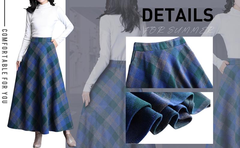 【New Arrival】Ebossy Women's Vintage High Waist Wool Blend Plaid A-Line Long Maxi Skirt with Pocket Bottoms Womenswear