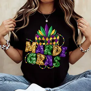 Casual T-Shirt Mardi Gras Mask And Beads Design For Festival Celebration
