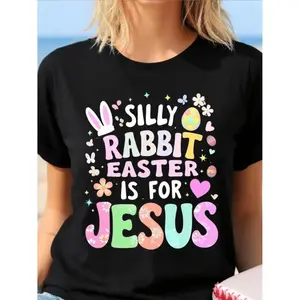 Easter T Shirt for Women Featuring Silly Rabbit and Cross Print Breathable Short Sleeve Round Neck Loose Fit Church Outfit for Spring Holidays