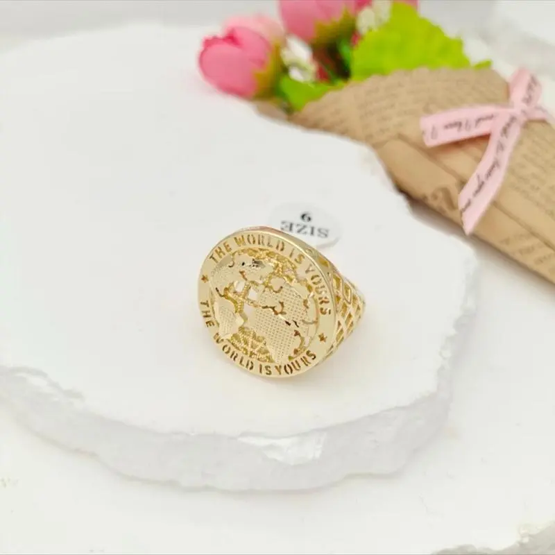 CE Jewelry Gold Plated World Is Yours Round Globe Ring for Men Unique Gift Timeless Design Luxurious Gold Statement Ring Stackable Stacking Rings