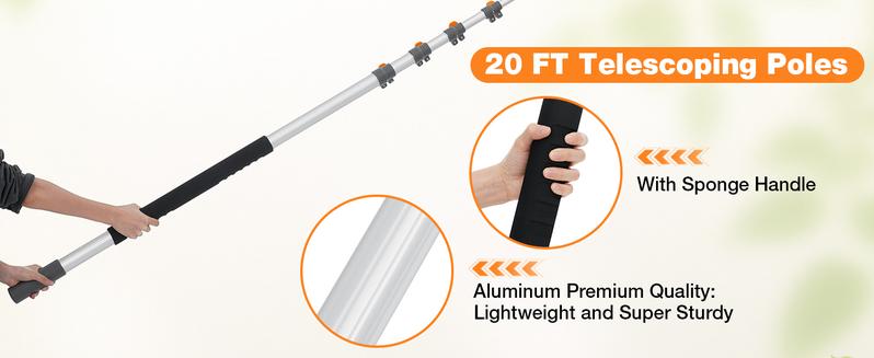 Adjustable Window Squeegee with 5-20ft Telescopic Pole 14" Oversized Head 2-in-1 Cleaning Kit for High Windows Glass RV Orange