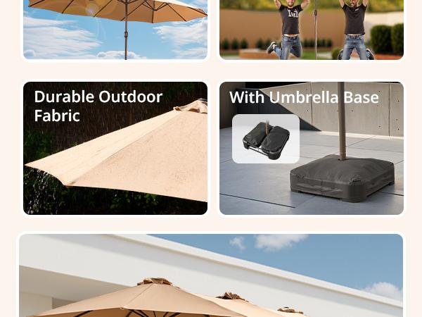 [March Clearance Price] OOSWIFT 14.5 ft Large Patio Umbrella with Solar LED Lights & Base, Extra Large Outdoor Twin Umbrella w/36 Lights, for Patio Garden Pool Lawn Backyard, Base Included, Sunshade Canopy