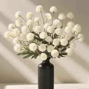 Faux Flowers for Vase - Kiku 10 Stems, Fake Flowers Stems for Pottery Vase, Realistic Artificial Flowers, Pom Pom Balls for Aesthetic Room Decor, Floral Arrangements Centerpiece (White)