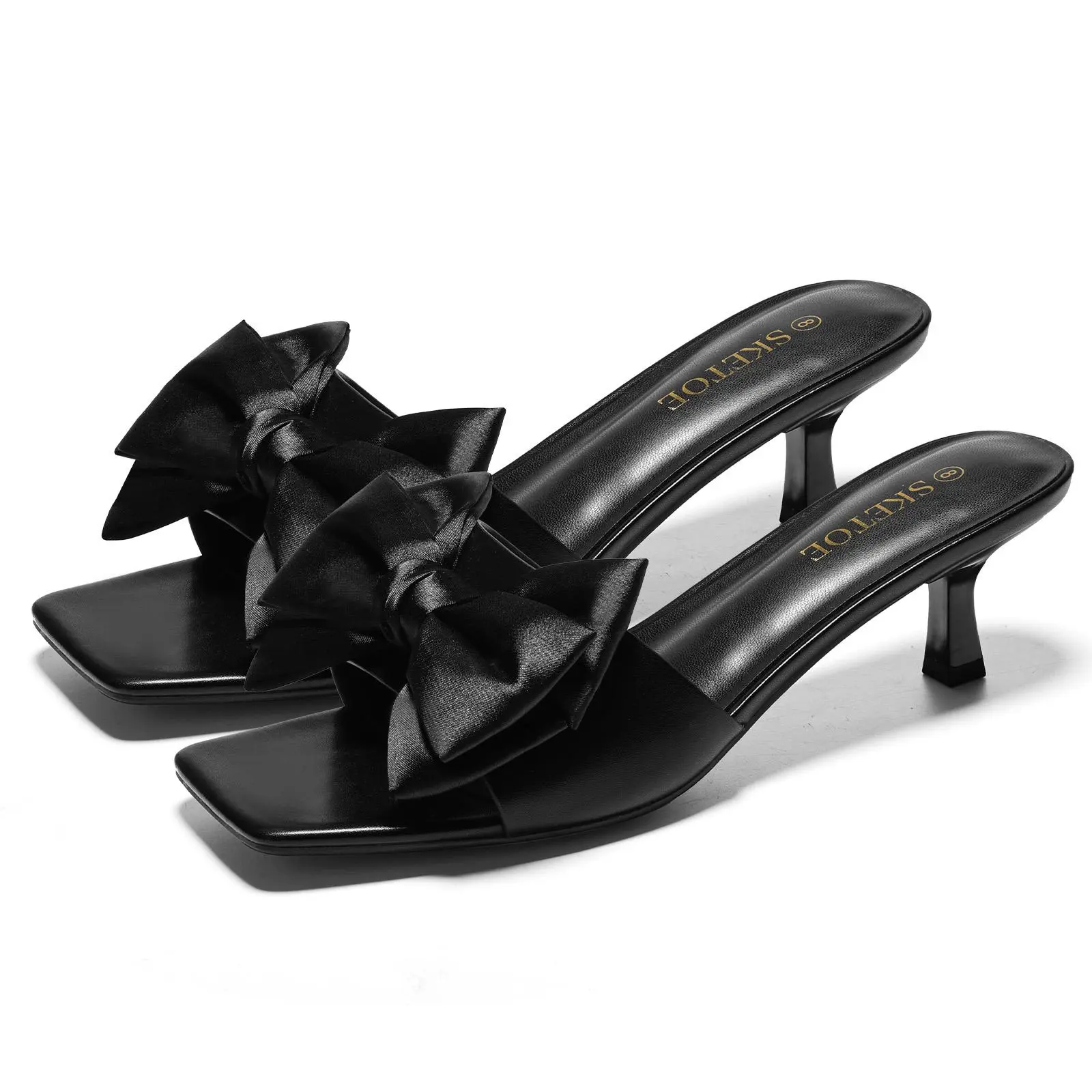 Women’s Kitten Heel Sandals with Bow – Square Open Toe Mule Heels, Slip-On Summer Slides. Comfortable & Elegant Satin Heels for Wedding, Bridal, Prom, or Party. Cute Casual Summer Dress Sandals for Cocktail Parties & Daily Wear.