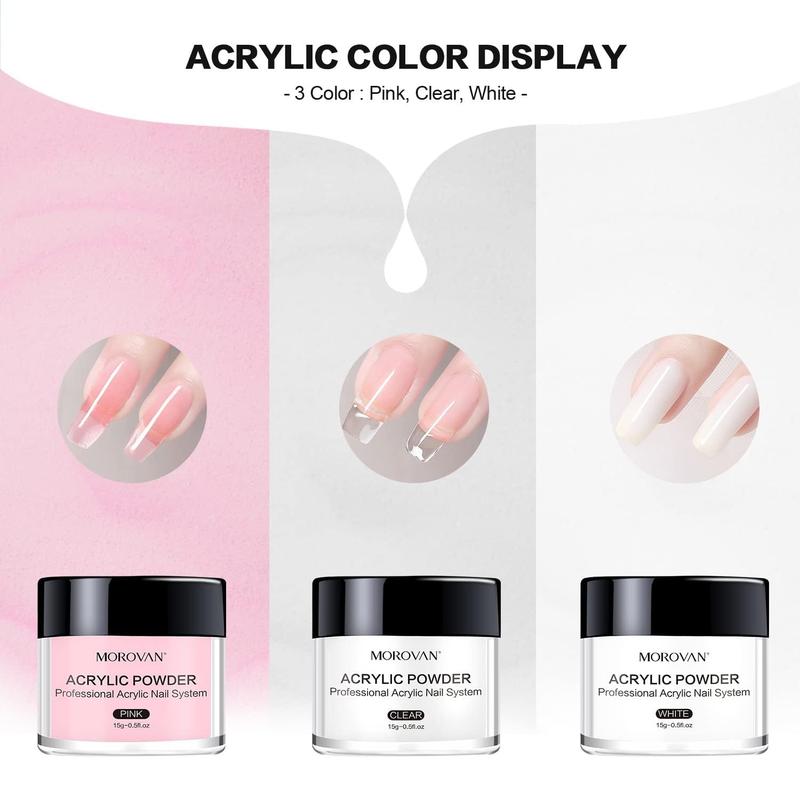Acrylic Nail Kit: Clear Pink White Powder and Professional Liquid Set for Nail Extension - DIY at Home With Brush for Beginners