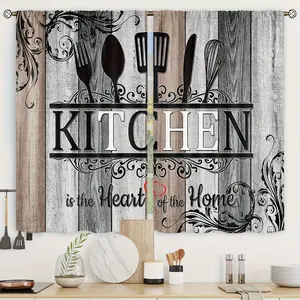 [Vintage Kitchen Curtains] 2pcs Vintage Polyester Kitchen Curtains - "Kitchen is the Heart of the Home" Design with Cutlery & Floral Patterns, Semi-Transparent Fabric for Kitchen, Bedroom, Living Room Decor |   Kitchen Window Curtains