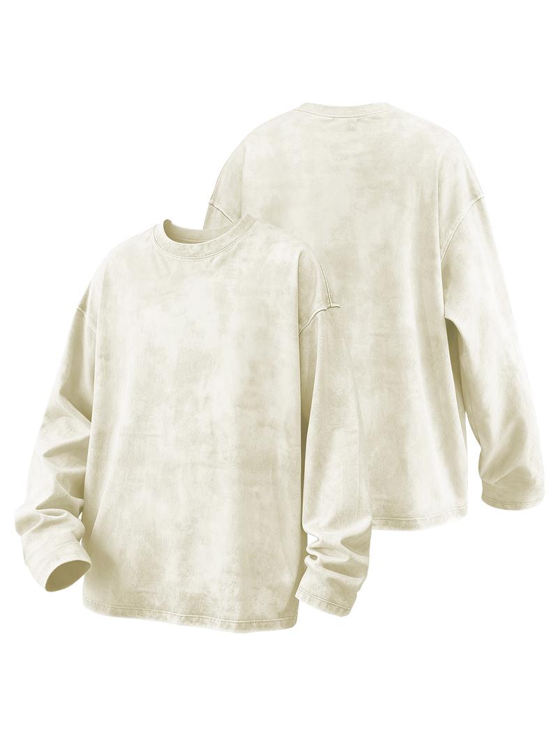 CCCMAI Men's Washed Cotton Round Neck Long Sleeve Tee, Loose Fit Casual Crew Neck T-shirt for Fall Winter, Men's Top for Daily Wear Menswear Soft Top's Streetwear Tshirt Crewneck