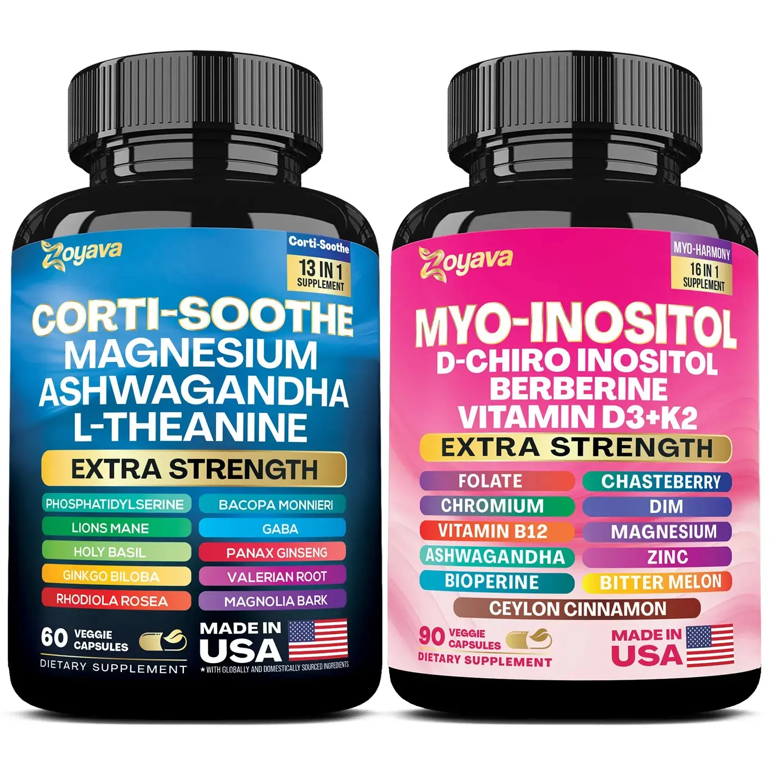 Zoyava Corti-Soothe & Myo-Inositol Extra Strength Magnesium Capsules with Ashwagandha L-Theanine & Berberine Vitamin D3 K2 60 Veggie Capsules Made in USA Dietary Mineral